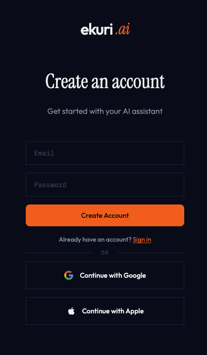 Ekuri sign-in page with email, Google, and Apple options