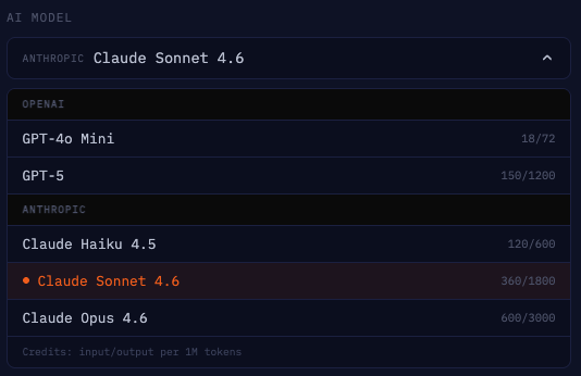 AI model selector showing available models with credit costs
